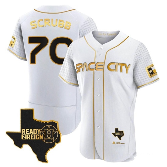Men's Andre Scrubb Houston Astros Authentic Gold 2023 Space City Ready 2 Reign Flex Base White/ Jersey