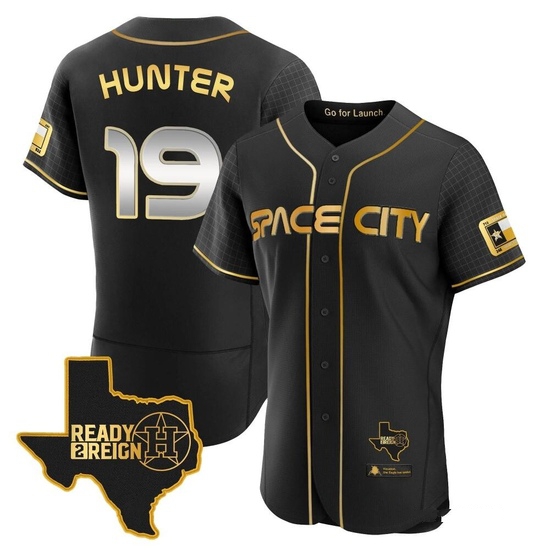 Men's Brian Hunter Houston Astros Authentic Black/Gold 2023 Space City Ready 2 Reign Flex Base Jersey