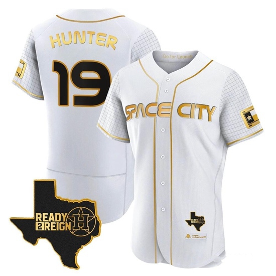 Men's Brian Hunter Houston Astros Authentic Gold 2023 Space City Ready 2 Reign Flex Base White/ Jersey