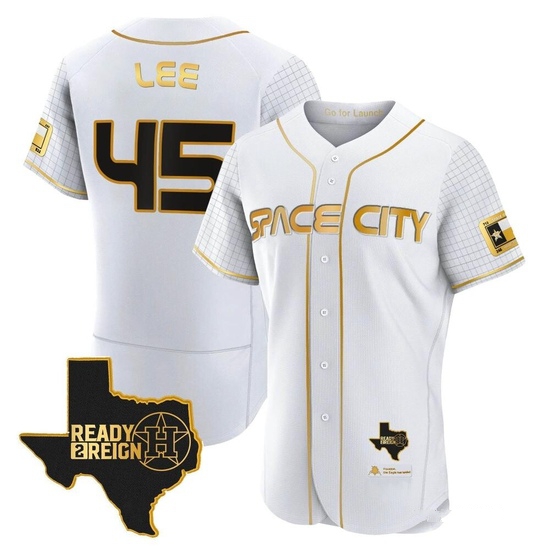 Men's Carlos Lee Houston Astros Authentic Gold 2023 Space City Ready 2 Reign Flex Base White/ Jersey