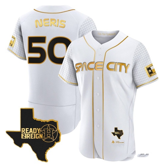 Men's Hector Neris Houston Astros Authentic Gold 2023 Space City Ready 2 Reign Flex Base White/ Jersey