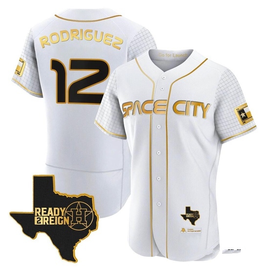 Men's Ivan Rodriguez Houston Astros Authentic Gold 2023 Space City Ready 2 Reign Flex Base White/ Jersey