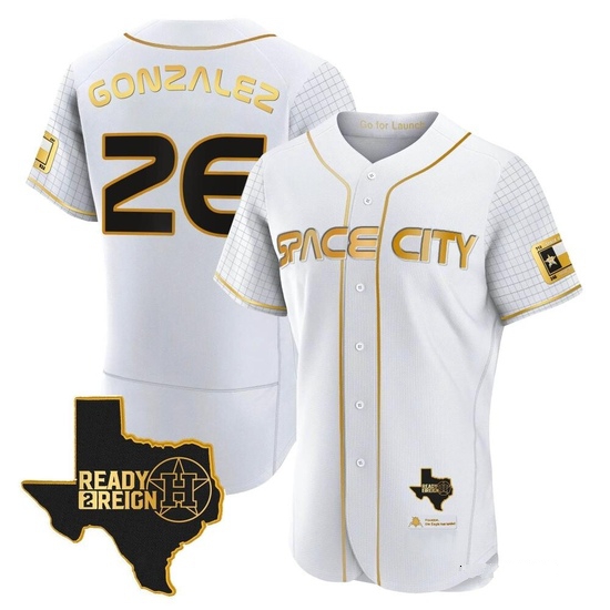 Men's Luis Gonzalez Houston Astros Authentic Gold 2023 Space City Ready 2 Reign Flex Base White/ Jersey