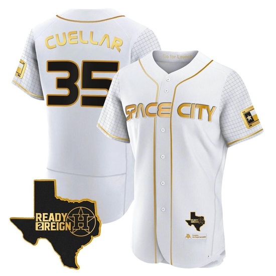 Men's Mike Cuellar Houston Astros Authentic Gold 2023 Space City Ready 2 Reign Flex Base White/ Jersey