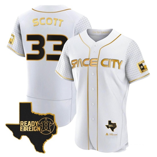 Men's Mike Scott Houston Astros Authentic Gold 2023 Space City Ready 2 Reign Flex Base White/ Jersey