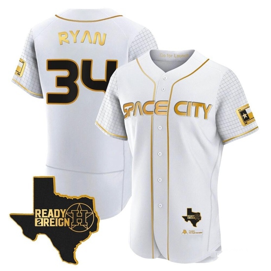 Men's Nolan Ryan Houston Astros Authentic Gold 2023 Space City Ready 2 Reign Flex Base White/ Jersey
