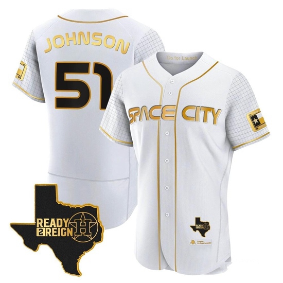 Men's Randy Johnson Houston Astros Authentic Gold 2023 Space City Ready 2 Reign Flex Base White/ Jersey