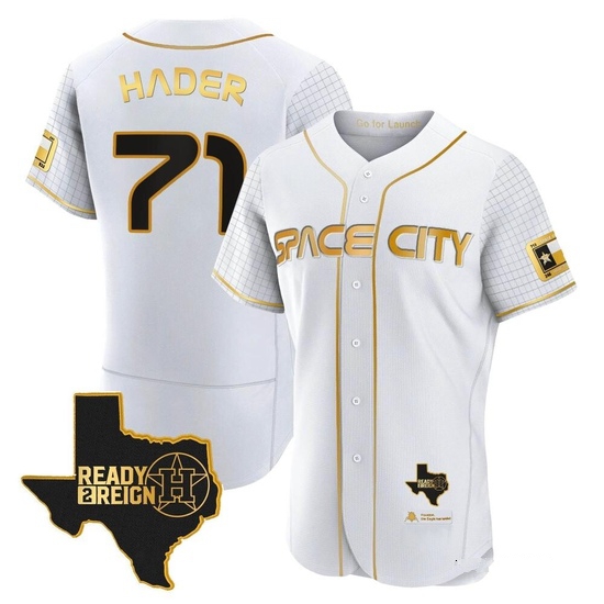 Men's Josh Hader Houston Astros Authentic Gold 2023 Space City Ready 2 Reign Flex Base White/ Jersey