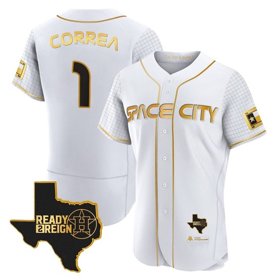 Men's Carlos Correa Houston Astros Authentic Gold 2023 Space City Ready 2 Reign Flex Base White/ Jersey
