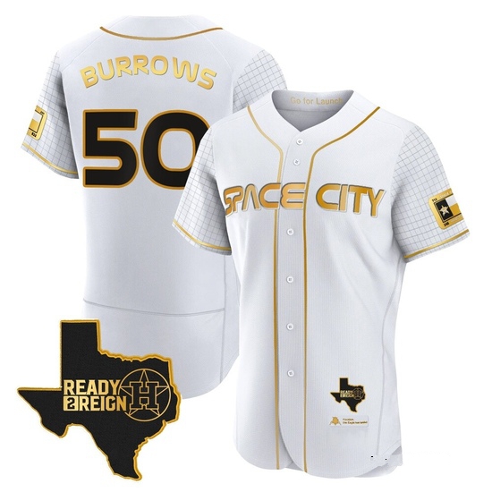 Men's Mike Burrows Houston Astros Authentic Gold 2023 Space City Ready 2 Reign Flex Base White/ Jersey