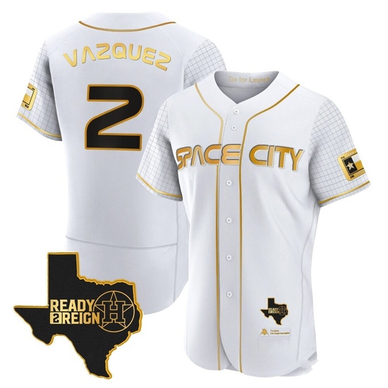 Men's Christian Vazquez Houston Astros Authentic Gold 2023 Space City Ready 2 Reign Flex Base White/ Jersey